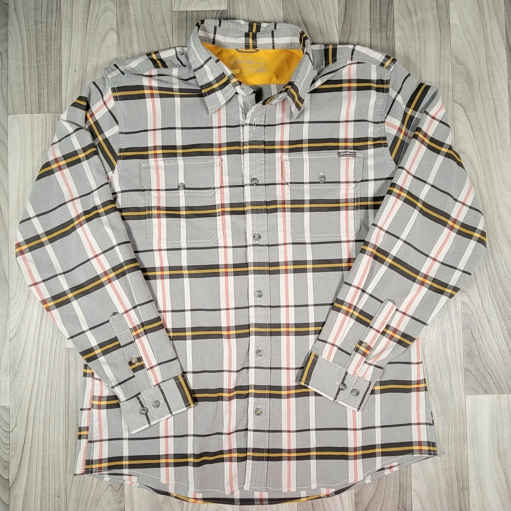 Eddie Bauer Classic Button Down Shirt Mens XL Gray Yellow Plaid Pockets